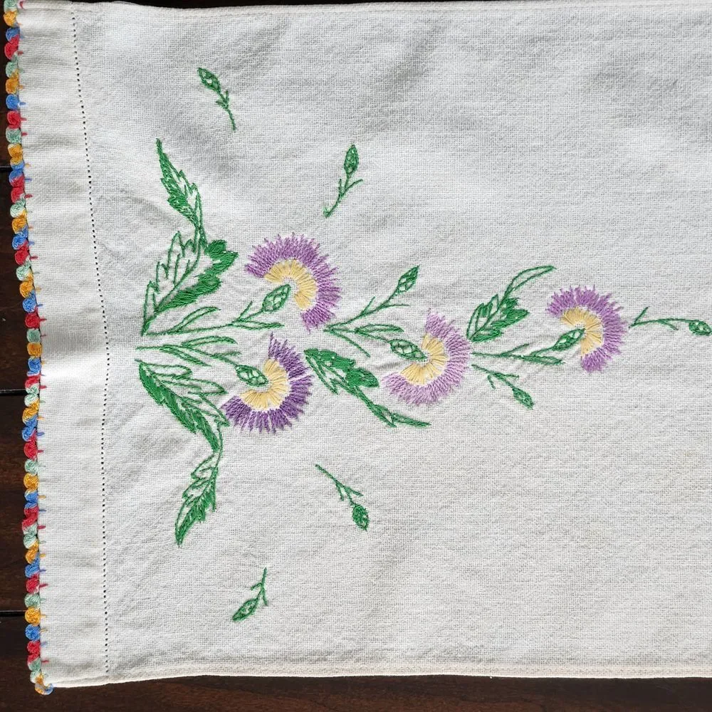 Vintage Floral Table Topper 36 x 12 Rectangle White w/ Multi-color‎ Trim Cotton